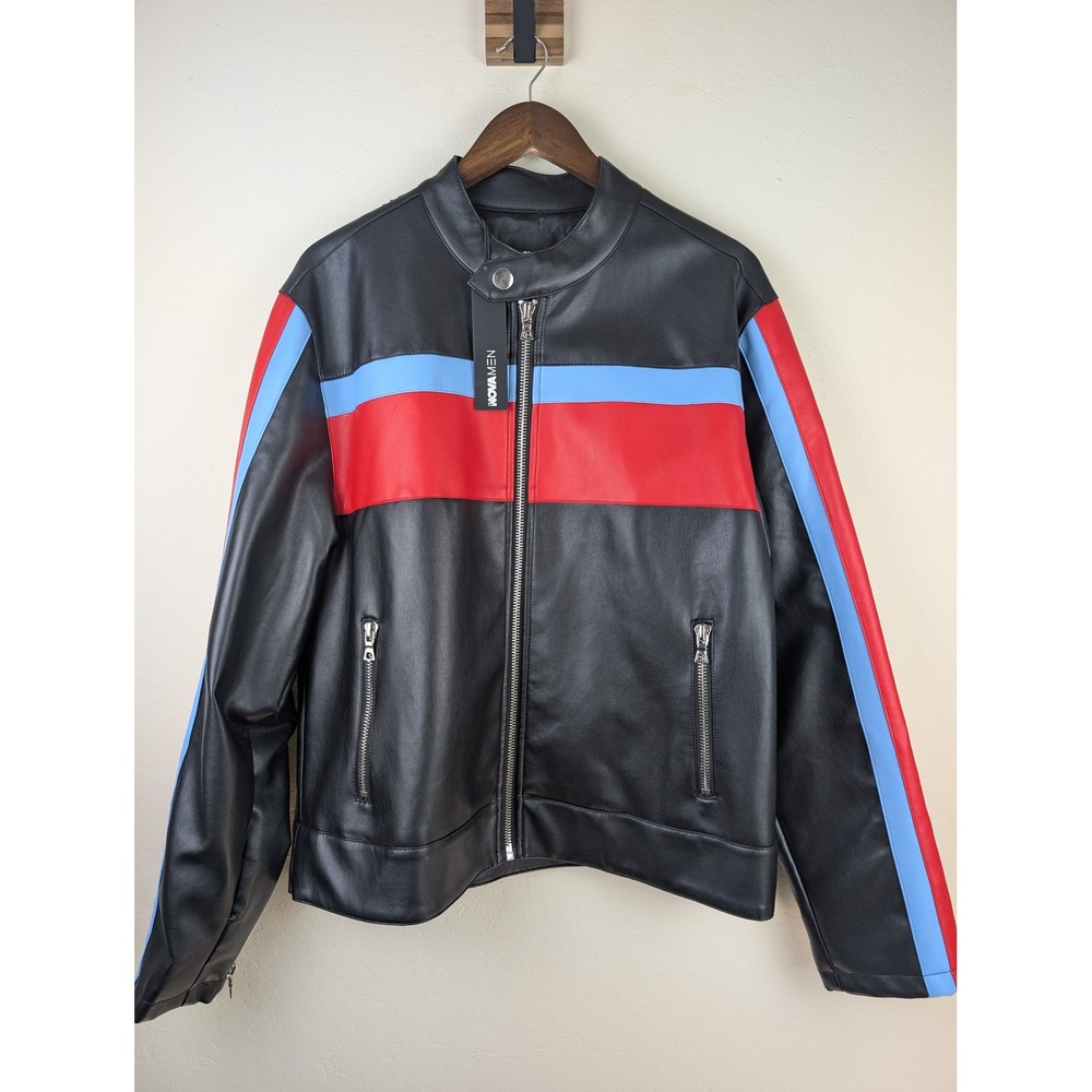 NovaMen Fashion Nova Faux Leather Racing Moto Jacket Black Red Blue Striped XL